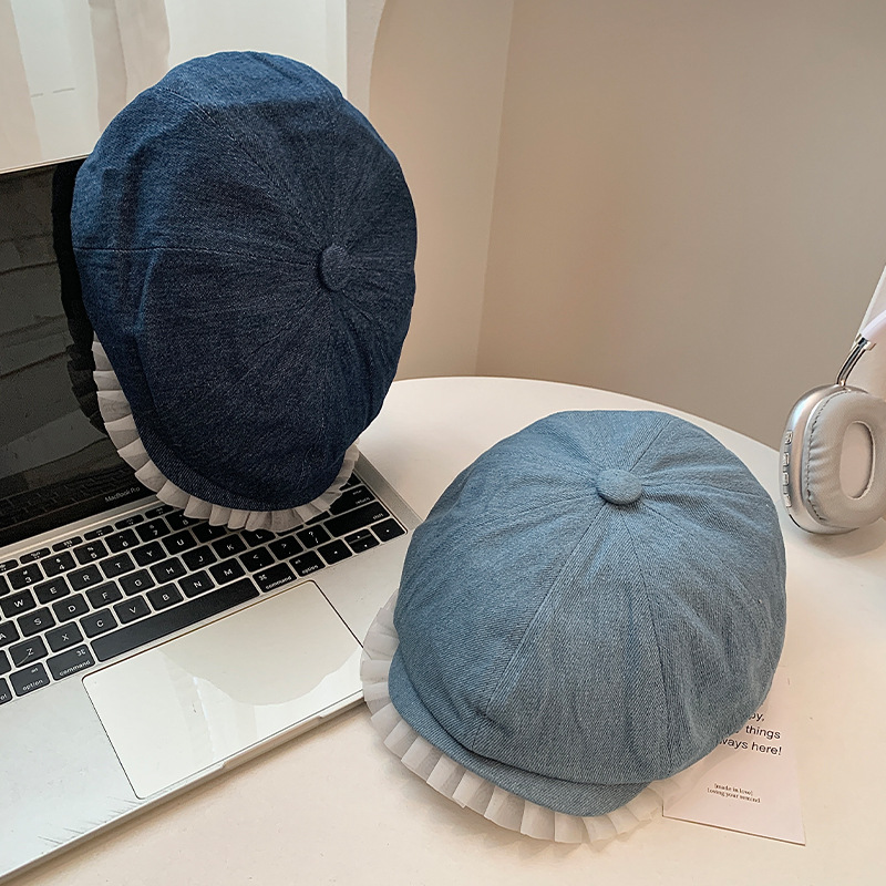 Boina de vaquero de encaje para mujeres primavera y verano estilo japonés retro cara pequeño pintor sombrero versátil gorro de avance