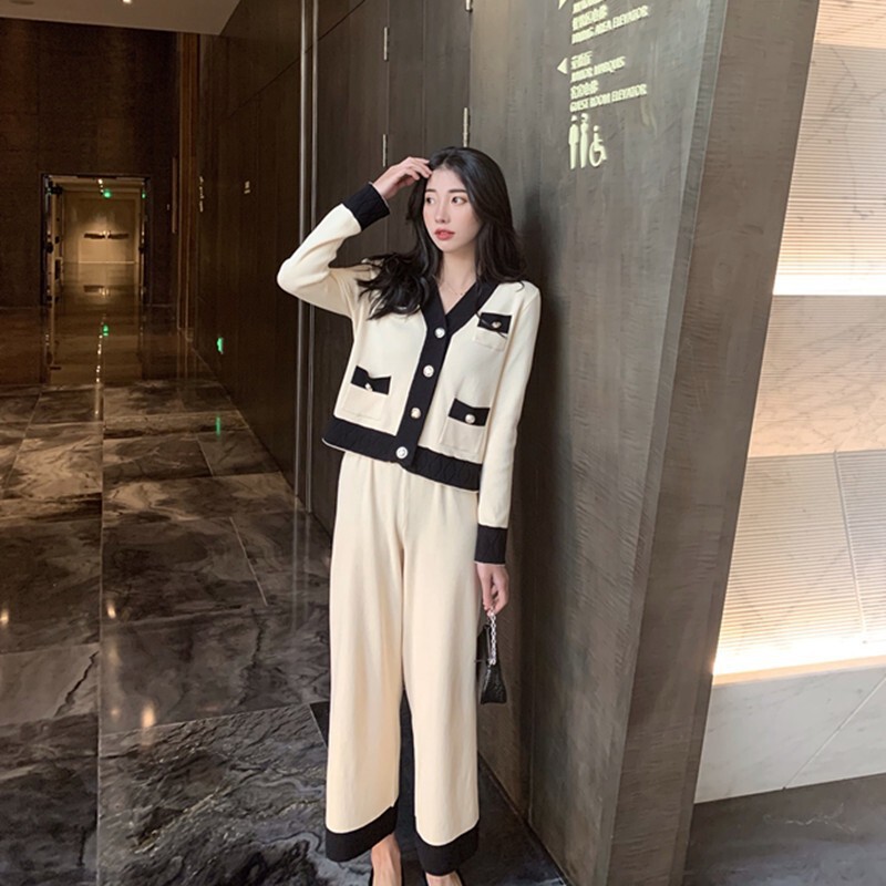2025 Spring New Style Small Fragrance Knitted Wide Leg Pants Suit Korean Style V-Neck Slim Color Matching Cardigan Top for Women 2025 Spring New Style Small Fragrance Knitted Wide Leg Pants Suit Korean Style V-Neck Slim Color Matching Cardigan Top for Women
