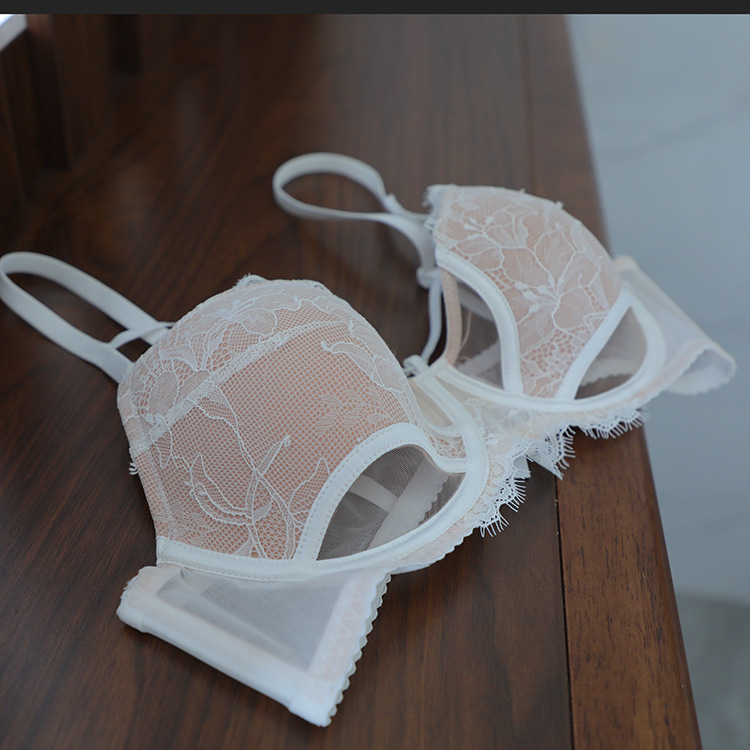 New Soft Steel Ring Spongeless Thin Cup Sexy Bra Set with French Straps for Large Chest and Small Underwear_voghion.com