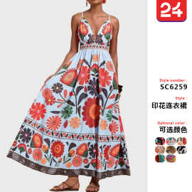 跨境欧美亚马逊2025夏季新款民族风时尚性感修身印花吊带连衣裙