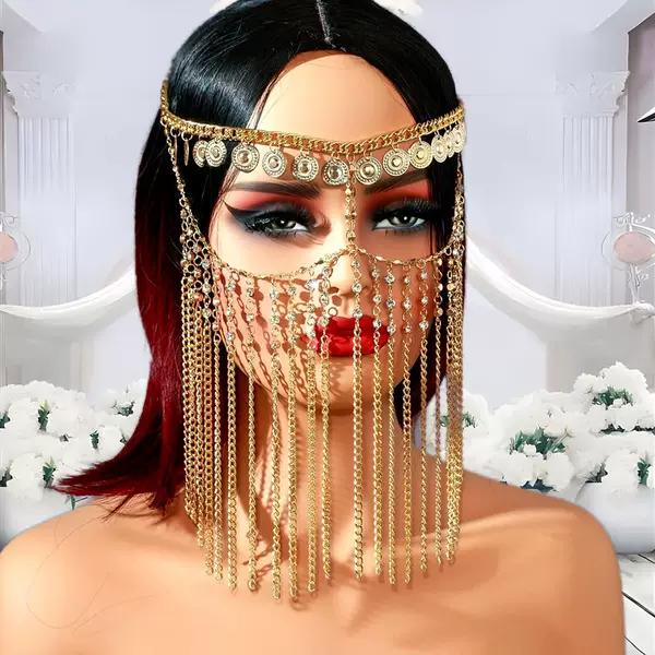 Middle East Hot Selling Headwear Creative Fashion New Design Golden Rhinestone Chain Tassel Face Chain Face Curtain Head Chain for Women