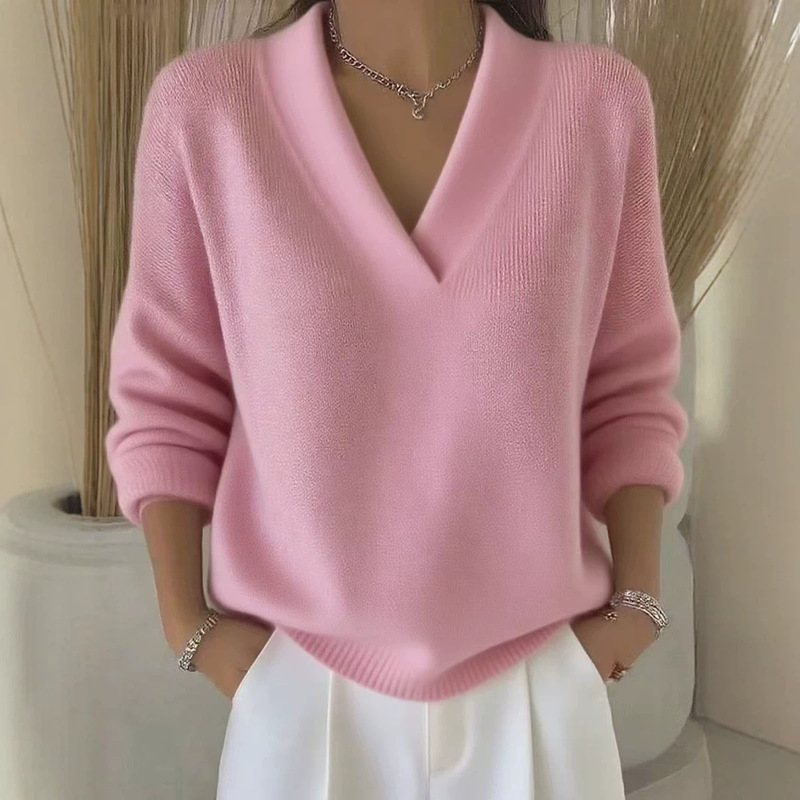 European and American style V-neck knit sweater, 2026 autumn/winter new collection, loose-fitting, solid color, casual and fashionable women's knitwear for cross-border sales