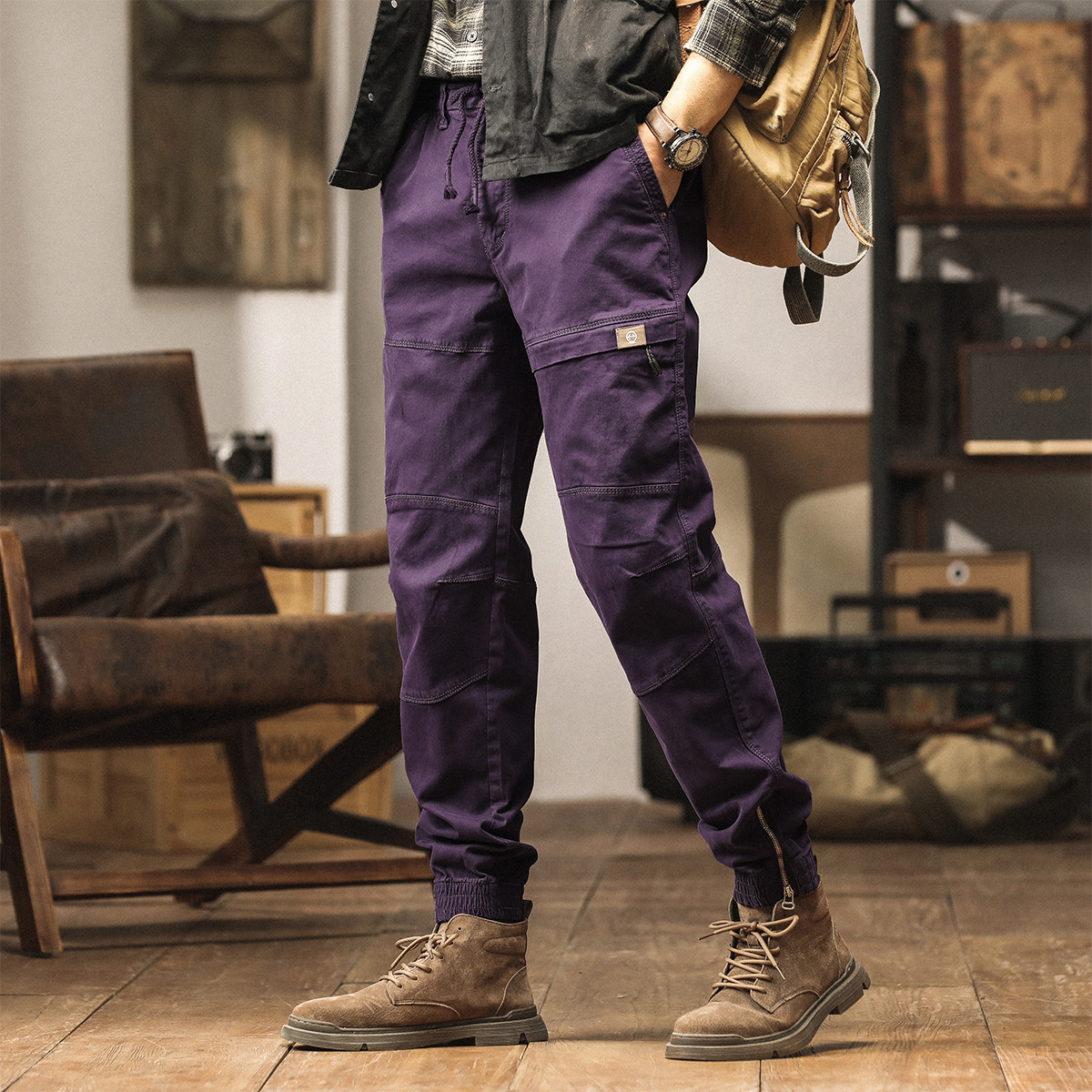 Men's Retro Fashion Stitching All-match Casual Pants Pure Cotton Loose Washed Solid Color Simple Sports Leg Overalls