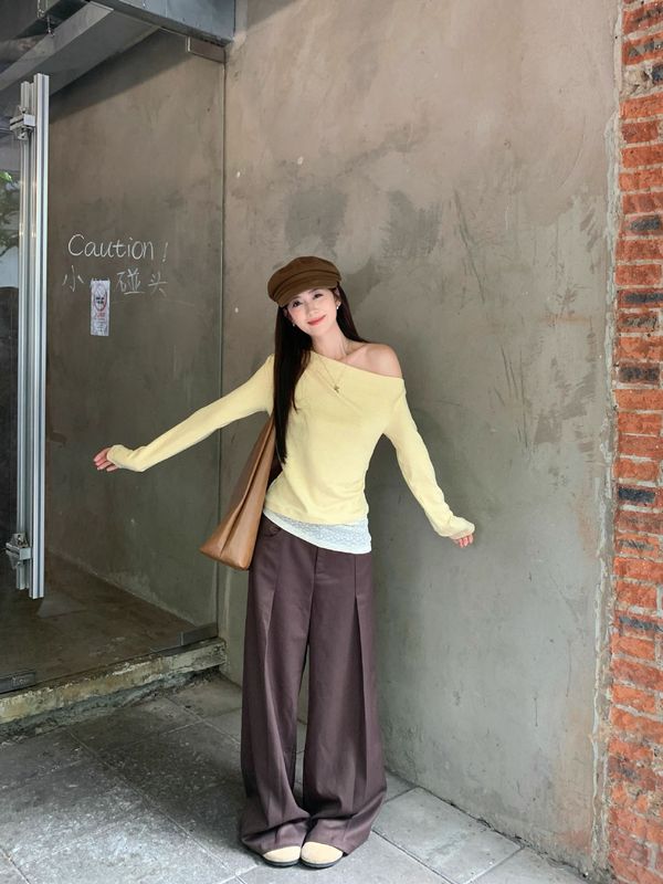 【自社工場現物】レースの黄色の斜め肩の底のシャツの女性の早秋の肩の甘いギャルの短い上着|undefined
