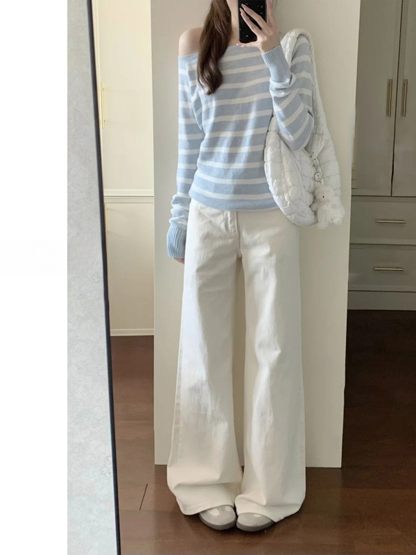 White Wide-Leg Jeans for Women, New Spring Style, High-Waisted, Slimming, Loose Fit, Petite, High-End Drape Effect, Straight-Leg Pants