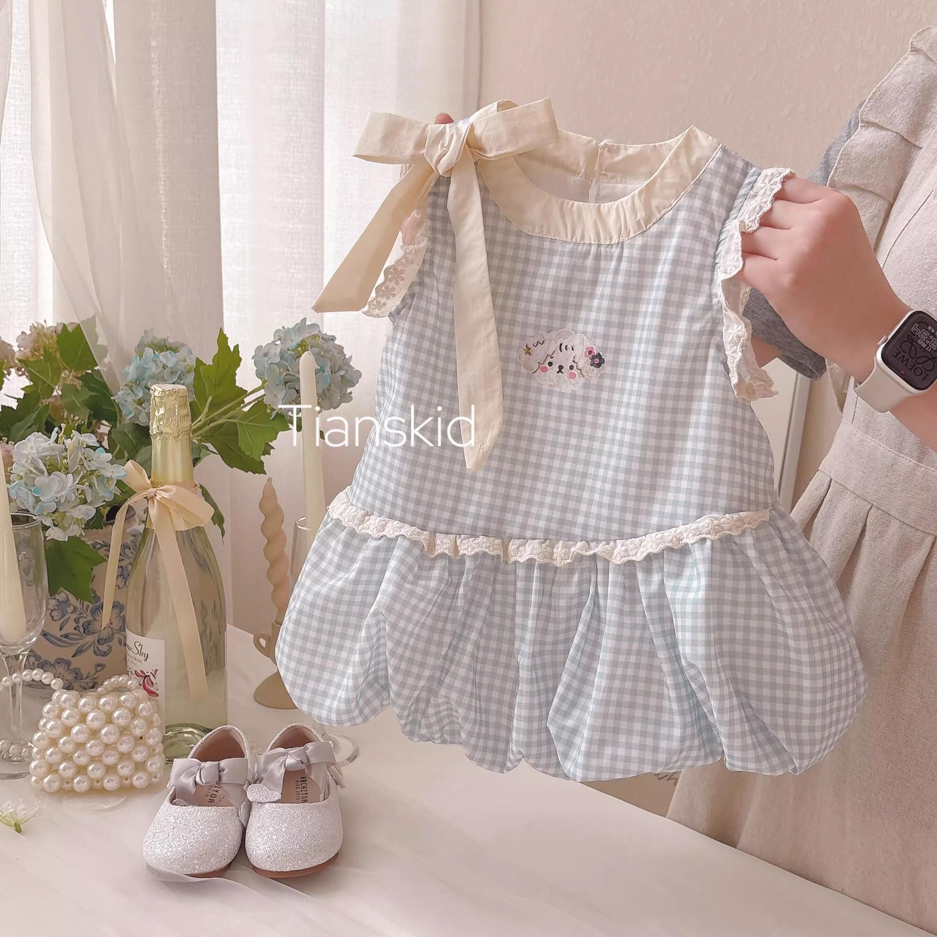 Vestido de siete niñas de limón salado verano dulce lazo azul y blanco a cuadros tesoro femenino lindo chaleco de botones vestido de princesa