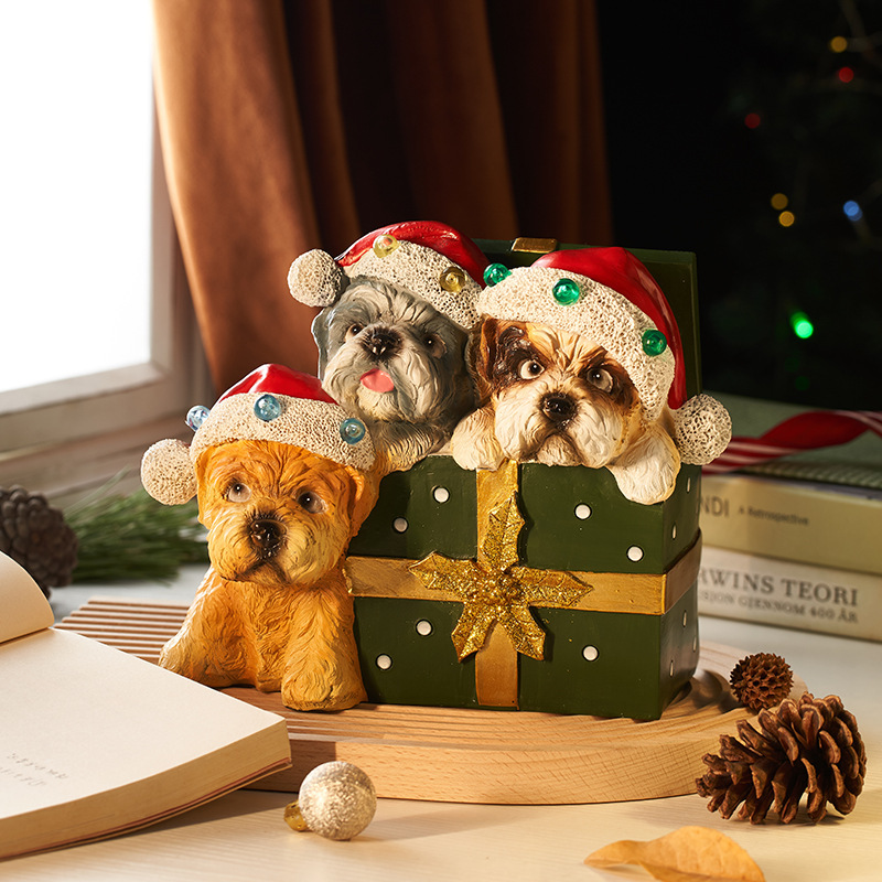 Cross-border Christmas hat glowing small dog gift box Christmas decorations cute animal sculpture resin craft decoration