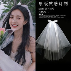 白色蝴蝶结头纱领证求婚订婚结婚婚礼新娘轻婚纱高级感短款蓬蓬纱