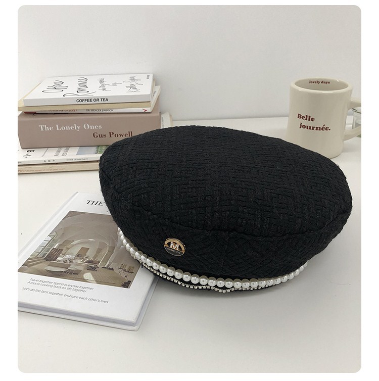 Fashionable trendy pearl beret for women, black internet celebrity, small fragrance, socialite, bud hat, Korean style,_voghion.com