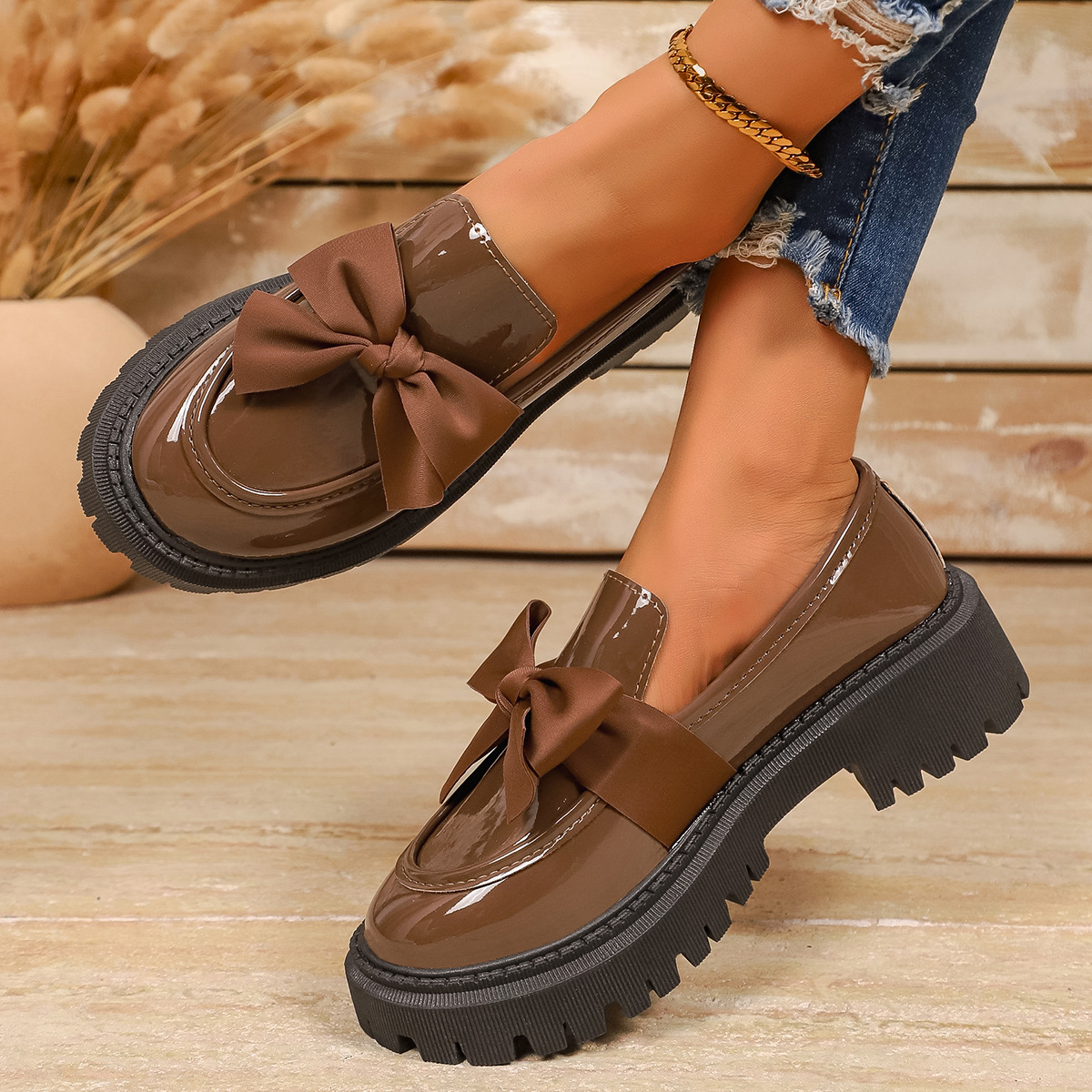 Britische Damen-Slipper aus Leder mit Schleife, Übergröße, Blockabsatz, gekreuzter Riemen, niedrigem Schaft, Herbst-Neuheit_voghion.com