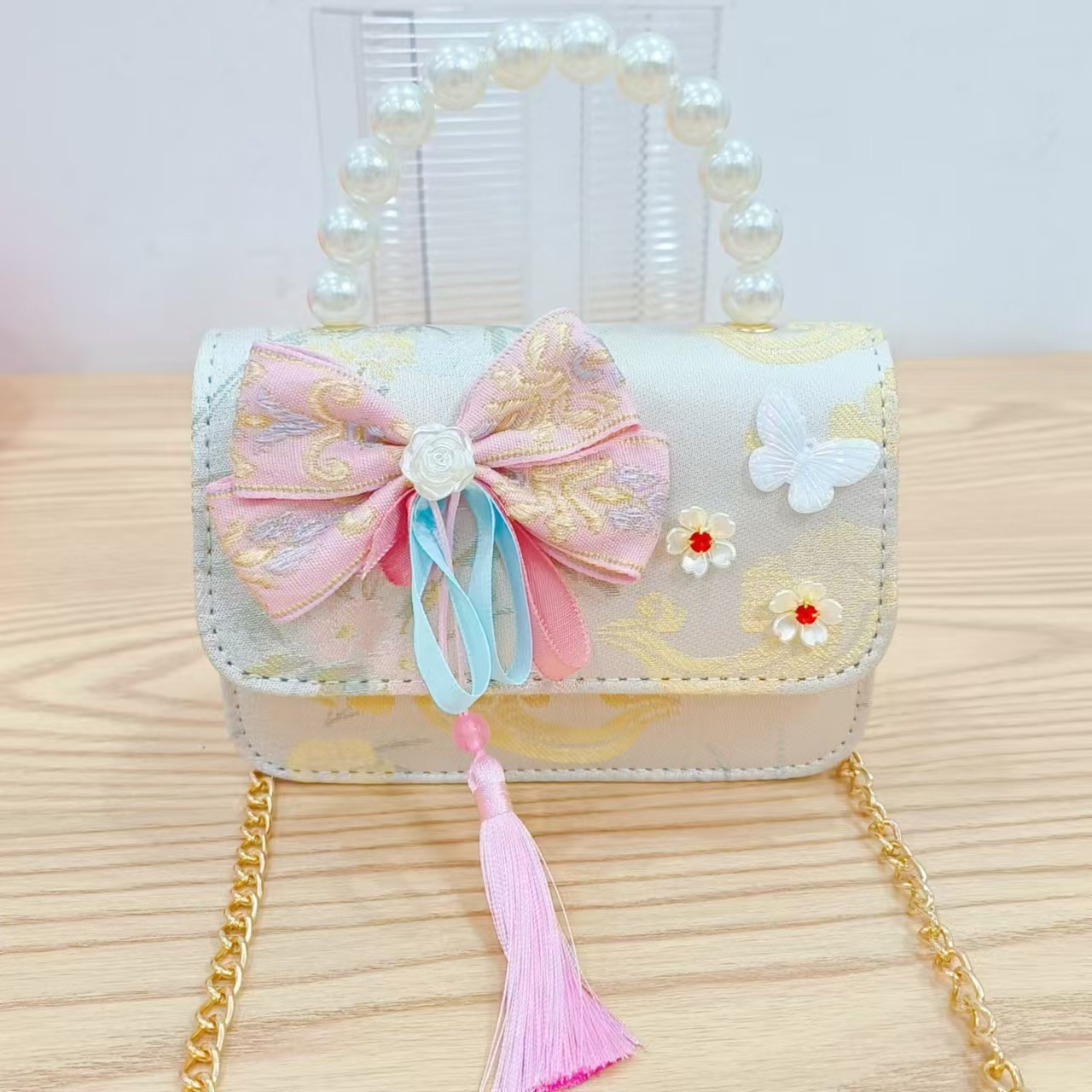 Guofeng princesa bolso de perlas, bolso de cambio de chicas, bolso de regalo para niños, bolso de accesorios de ropa china