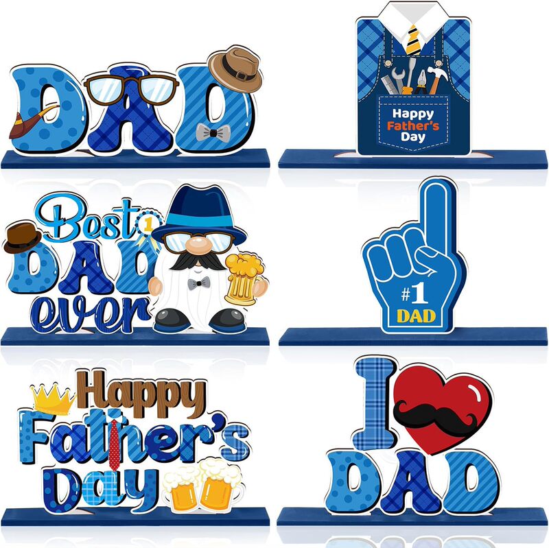 6 Pieces Father's Day Table Decoration Happy Father's Day Wooden Table Logo Little Man Heart Shape suit Best Dad