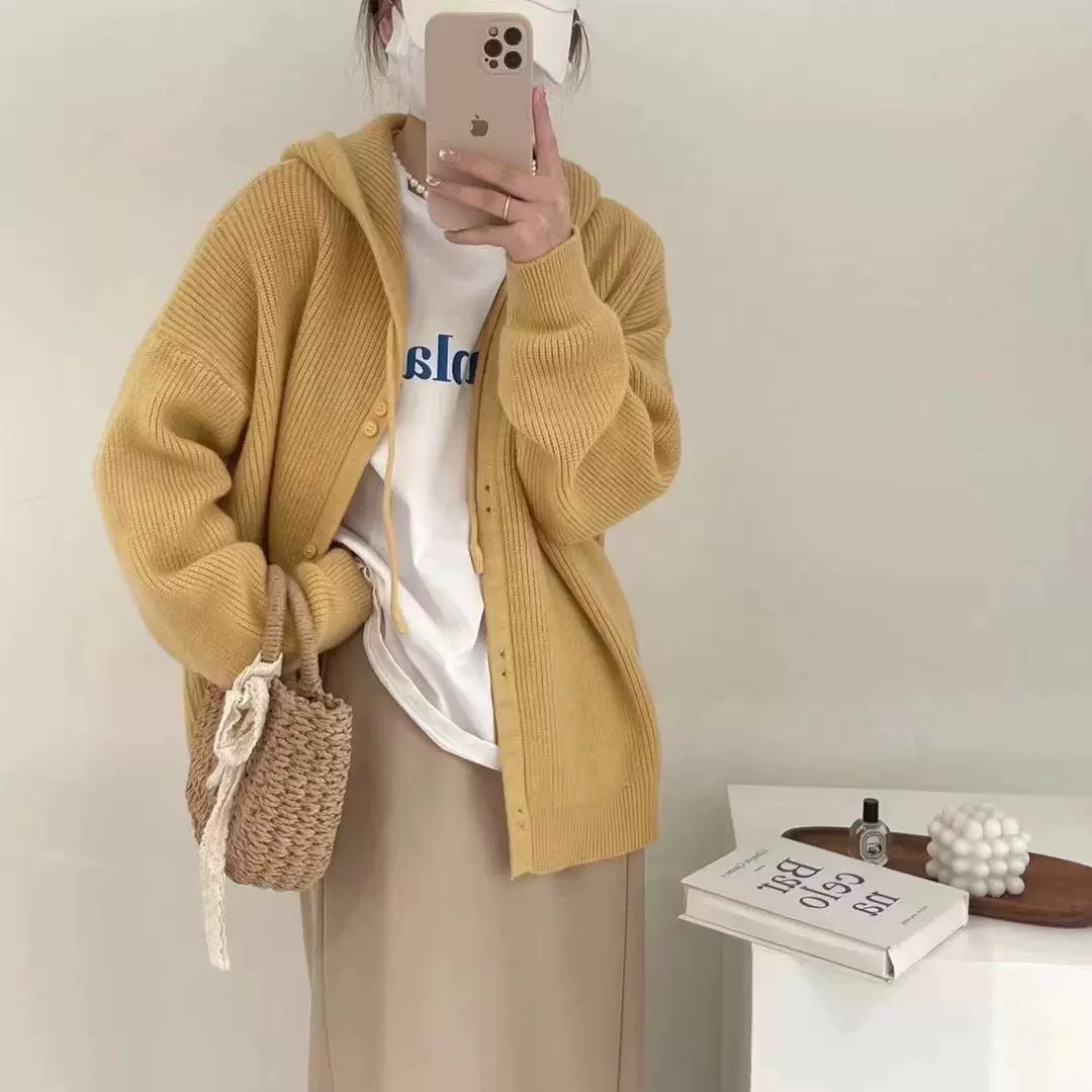 Вязаный кардиган с капюшоном, новинка весны-осени 2025, мягкий, в корейском стиле, свободный, в цветах фруктов, женский свитер-жакет