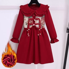 女童加絨連衣裙秋冬新款娃娃領秋冬裝洋氣新年服裙女孩復古公主裙