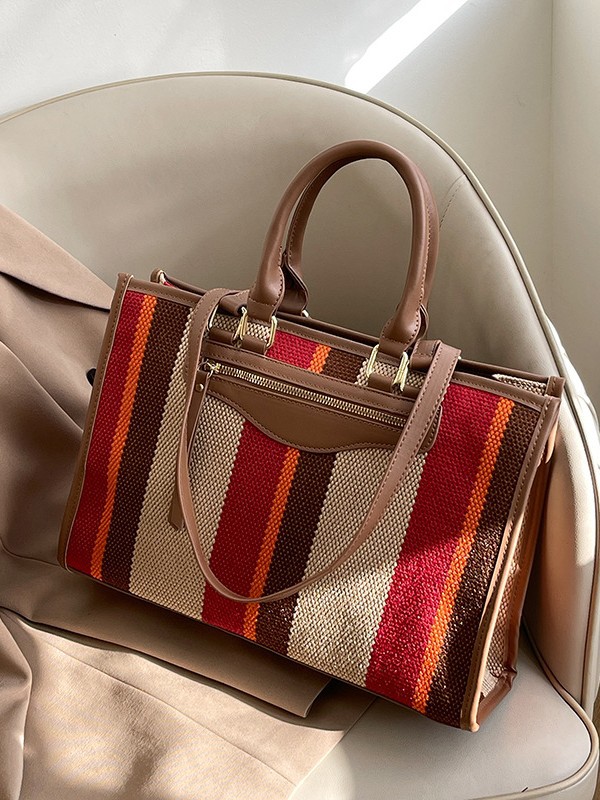 Cross-border color contrastante estriado bolso de mano casual para mujeres 2024 Amazon nueva moda de gran capacidad mochila de viaje