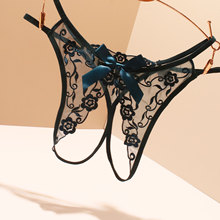 镂空时尚刺绣情趣内裤女士透明诱惑蝴蝶结开档免脱蕾丝透明薄t裤