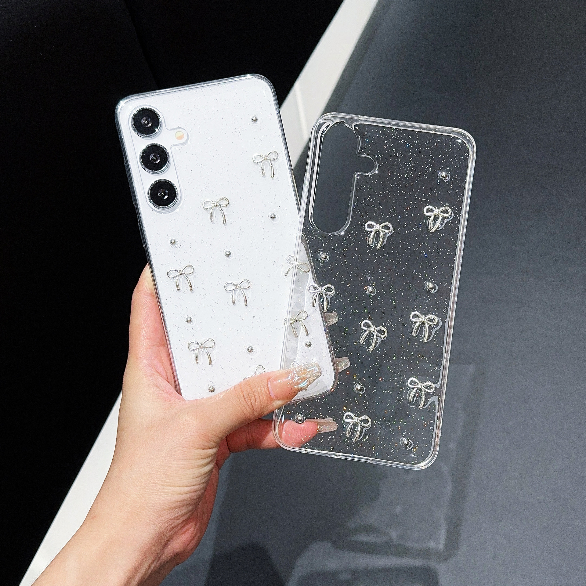 Ins Style Glitter Bow S25Ultra Mobile Phone Case Suitable for Samsung S25 Transparent S24Fe Simple S10E Anti-S