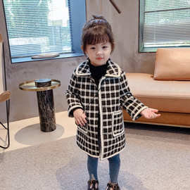 新款童装女童格子呢大衣小女孩秋冬装宝宝儿童夹棉洋气外套