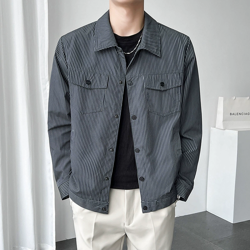 Куртка Мужская мода универсальная Повседневная Плюс Размер лацкан полосатый тонкий молодежный красивый топ мужская куртка Прямая продажа с фабрики
