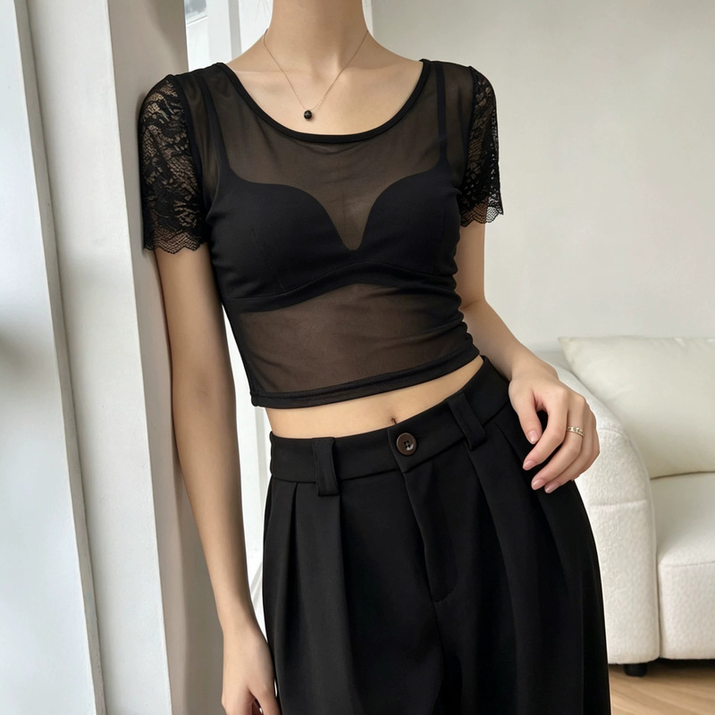 Half-Sleeve Mesh T-Shirt for Women, Summer Short Top with Lace Splicing, Thin and Slightly Sheer, Suitable as an Inner Layer or Outerwear