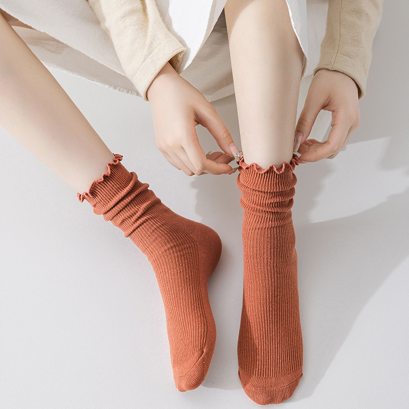 Damen Crew Socken Mit Wellensaum Für Herbst Und Winter Einfarbig_voghion.com