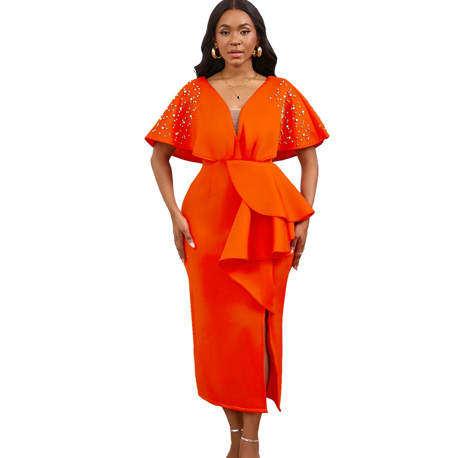 Robe de soirée sexy à col en V et à volants avec fente perlée, robe de banquet de tempérament de célébrité_voghion.com
