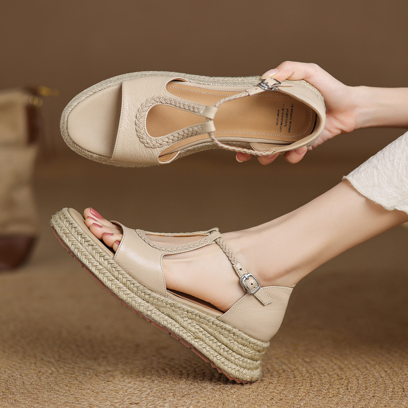Comfortable universal straw casual sandals platform wedge heel open…