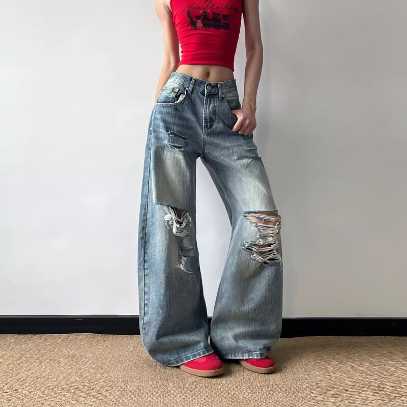 Vintage American-Style Distressed Niche Bamboo Texture Women's Jeans Trendy High-End Scimitar Pants