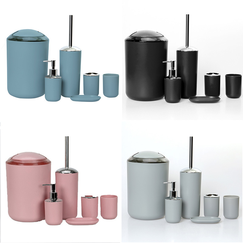 Juego de lavado de baño de seis piezas Venta caliente transfronteriza Estuche para cepillos de dientes Caja de jabón Cepillo para inodoro Tubo de basura Juego de baño de 6 piezas