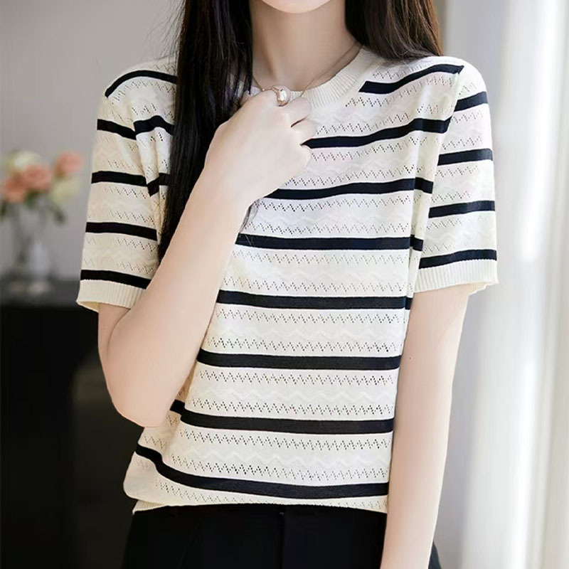25 New Summer Style Rainbow Striped Cool Silk Thin Short-Sleeved Tops T-Shirt Women's Round Neck Slim-Fitting Short-Sleeved Knitwear 25 New Summer Style Rainbow Striped Cool Silk Thin Short-Sleeved Tops T-Shirt Women's Round Neck Slim-Fitting Short-Sleeved Knitwear