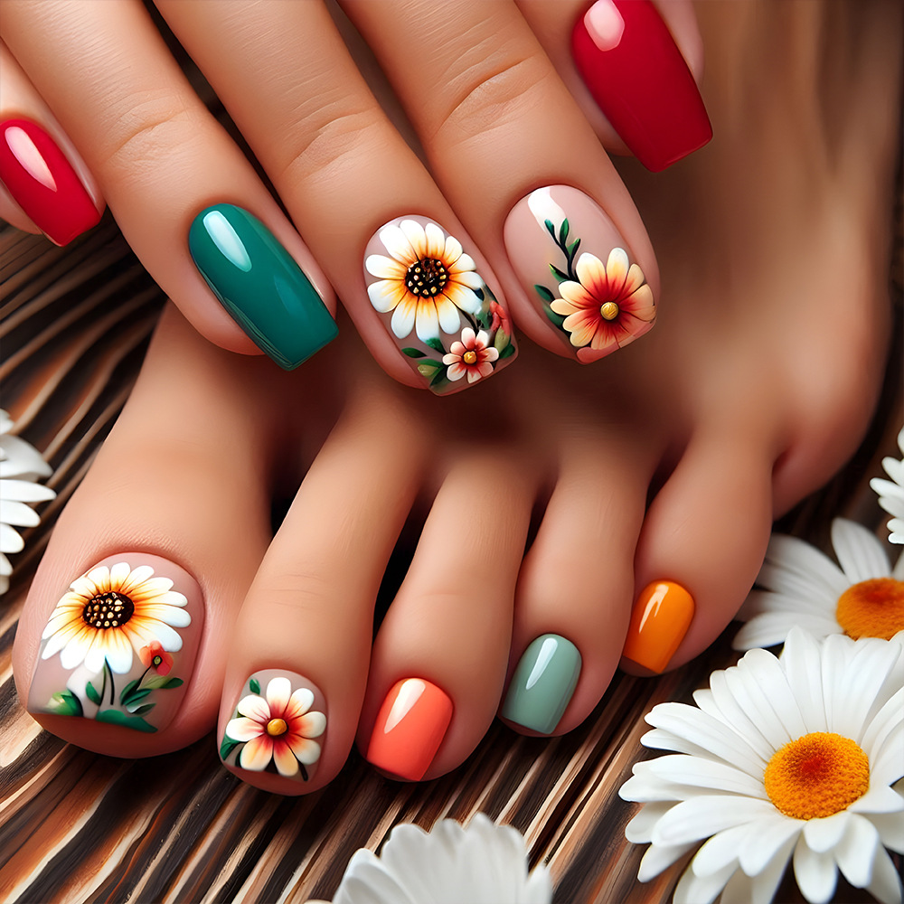 Papas de uñas de uñas de girasol simples Chicas calientes Parche de uñas rojo y azul Terminado al por mayor en Europa y América