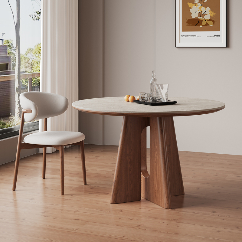 Vintage-style round dining table, white matte finish, modern minimalist design for small spaces, wabi-sabi style, walnut-colored solid wood with rock slab top Vintage-style round dining table, white matte finish, modern minimalist design for small spaces, wabi-sabi style, walnut-colored solid wood with rock slab top