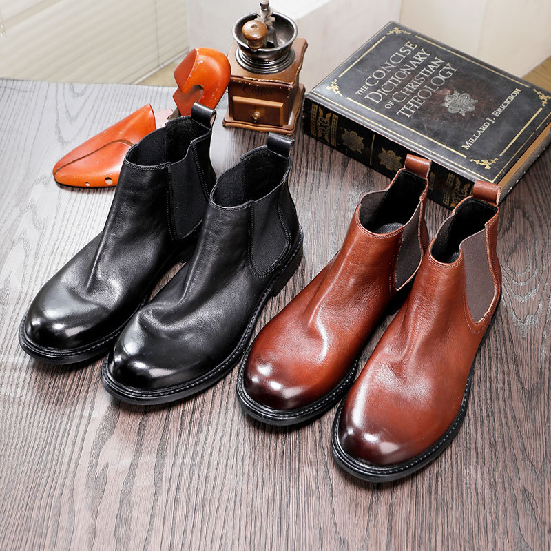 Men's thick soled cowhide leather shoes high-top slip-on ankle boots round head leather breathable_voghion.com