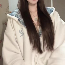 现货少女感!!!【拼接开衫】韩系学院风连帽卫衣女INS加绒韩版外套