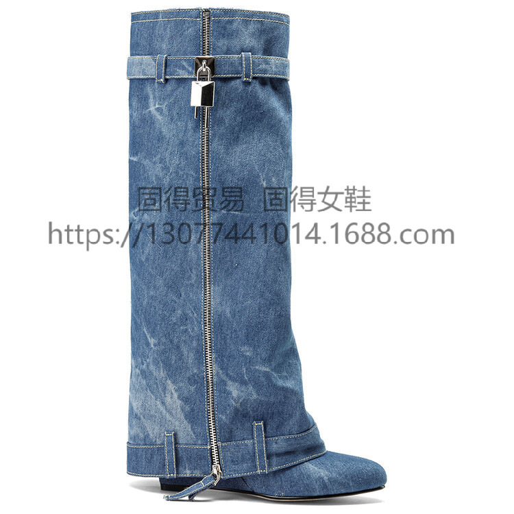 Cross-border independent station ins fashion catwalk denim pants boots long boots women's shoes single-layer shoes
