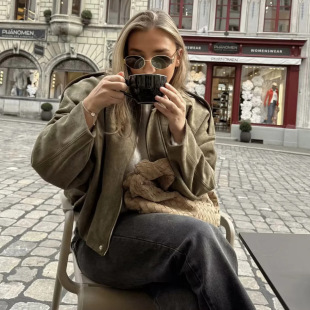AliExpress cross-border 2025 spring and autumn new European and American style loose lapel aviator suede texture women's jacket coat
