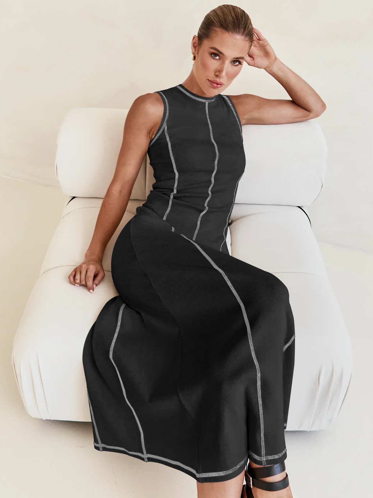 Women's Sheath Dress Streetwear Round Neck Sleeveless Stripe Solid Color Maxi Long Dress Daily display picture 19