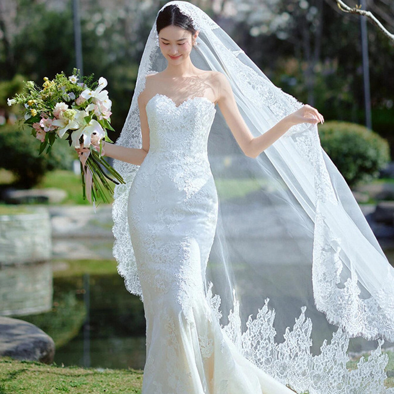 White Long Lace Bridal Veil with Eyelash Trim for Church Wedding
