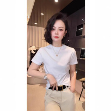 2025早春新款短袖t恤女正肩白色夏季半高领上衣服修身体恤打底衫