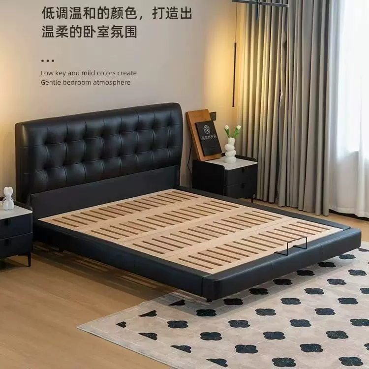 华夫格真皮软包床榉木排骨架床奶油风主卧小户型双人床榉木实木床