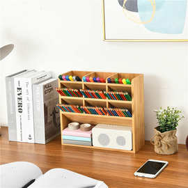 画室彩笔收纳盒 竹木方形9格桌面文具收纳盒展示架