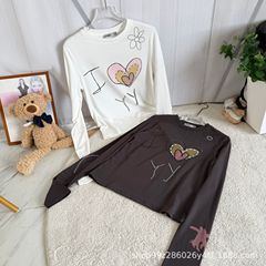南油品质 YY25早秋新款百搭撞色爱心印花钉珠圆领长袖修身T恤女