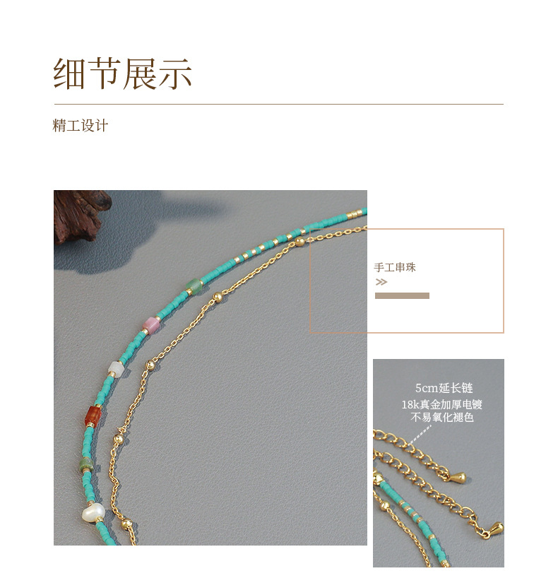 Linglang Retro Natural Stone Beaded Necklace 18K Gold Plated Pendant Necklace Stacked Choker