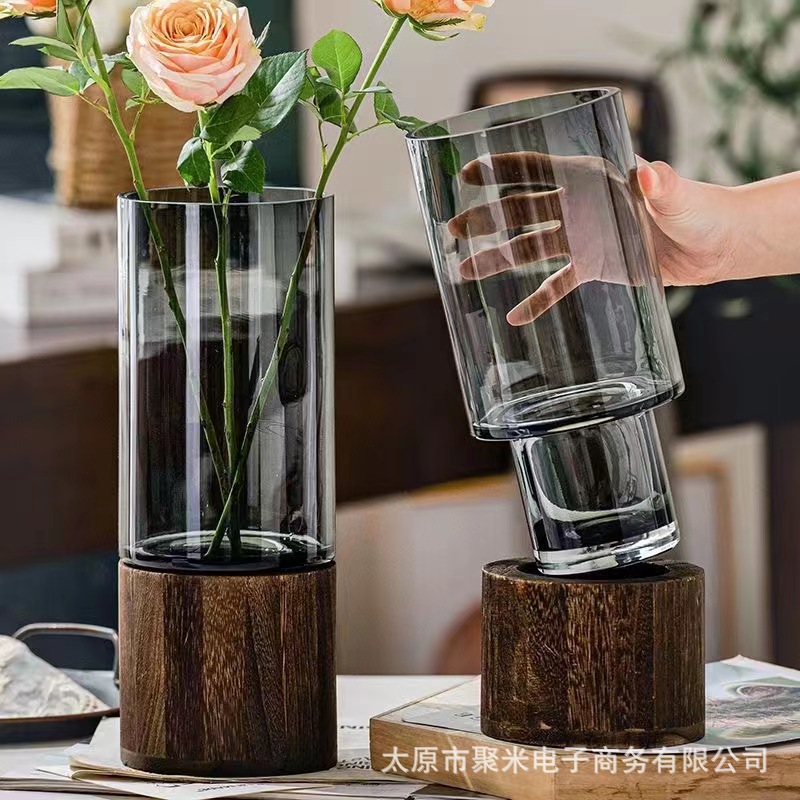 High-end round wooden base glass vase with Ins creative water culture fresh flowers rose flower arrangement living room decoration ornament