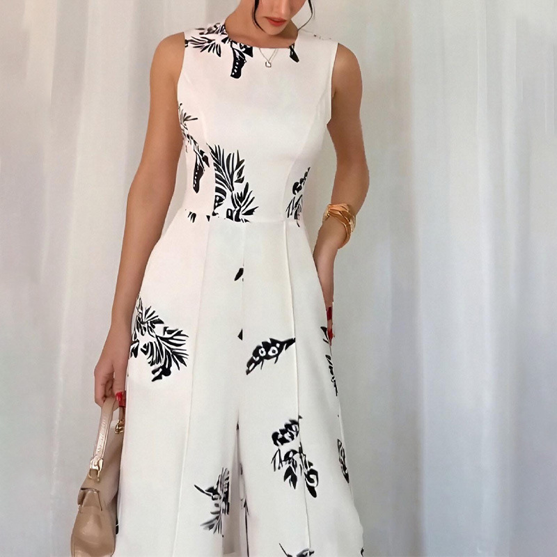 Diseño de tendencia europea y americana nueva impresión casual transfronteriza europea y americana sin mangas elegante delgada cintura y piernas anchas