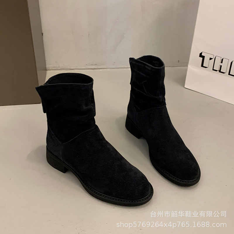 法式复古尖头超火小短靴女2025秋冬新款单靴西部牛仔粗跟堆堆靴子|undefined