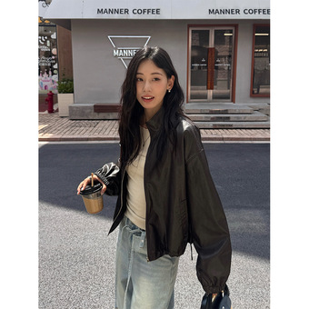 广州黄峥韩系超好看皮短外套女早秋小个子短款减龄皮衣夹克530847