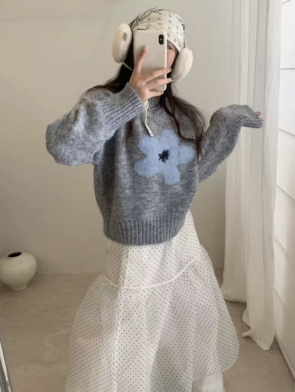 韩系圆领长袖毛衣女秋冬日系软糯甜美减龄花朵外穿内搭针织衫上衣|undefined