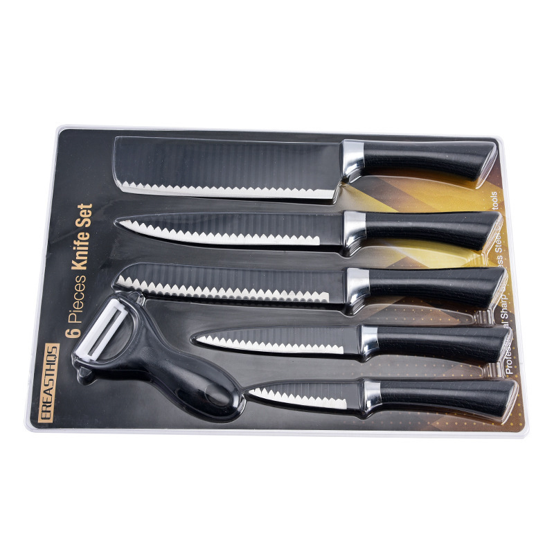 Juego de cuchillos de cocina de acero inoxidable de seis piezas con patrón de onda de color de venta caliente