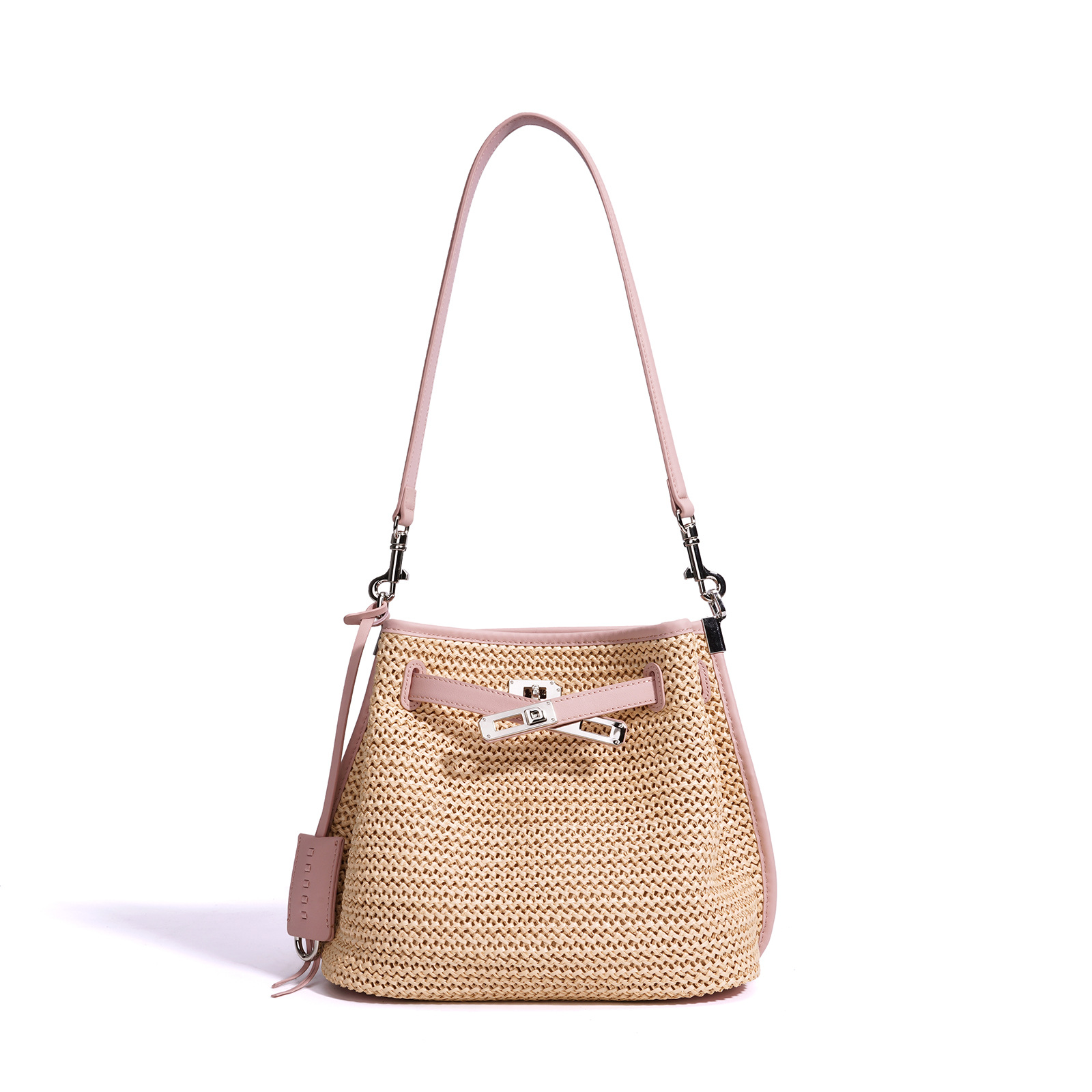 New Beach Vacation Straw Woven Bag Fashion Niche Shoulder Crossbody Bucket Bag Women's Ins Style Cowhide Handbag - Thumbnail 7